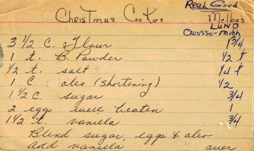handwritten old Christmas cookies recipe card
