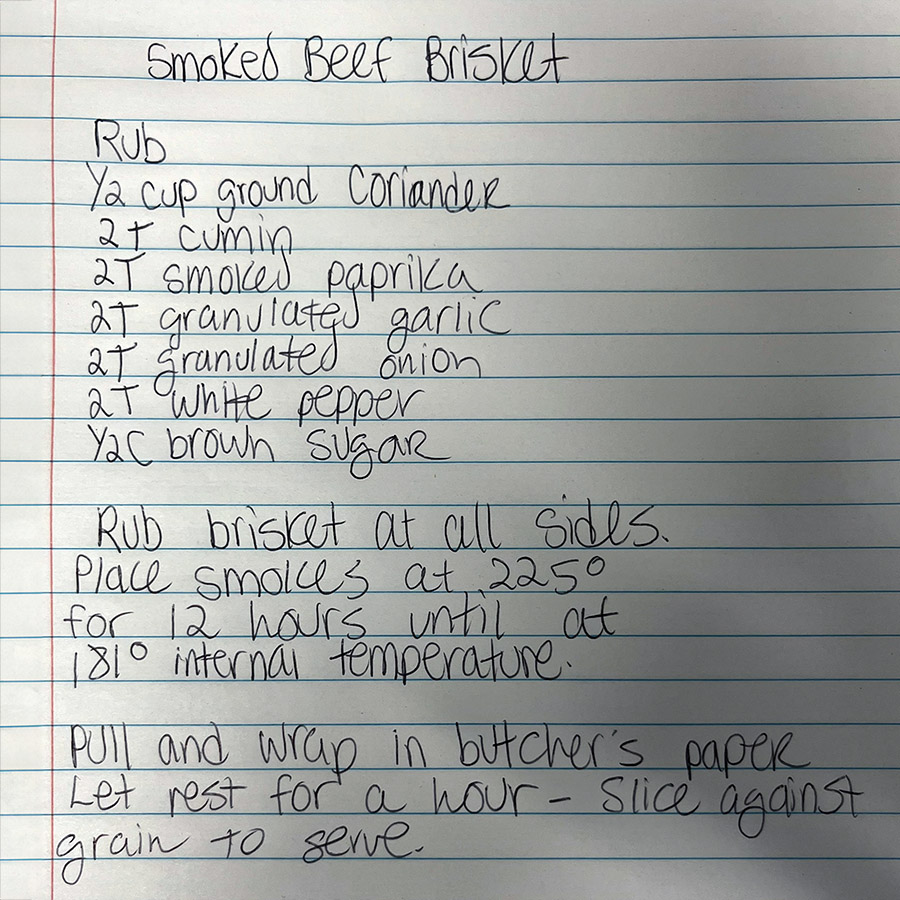 Smoked beef brisket recipe handwritten list