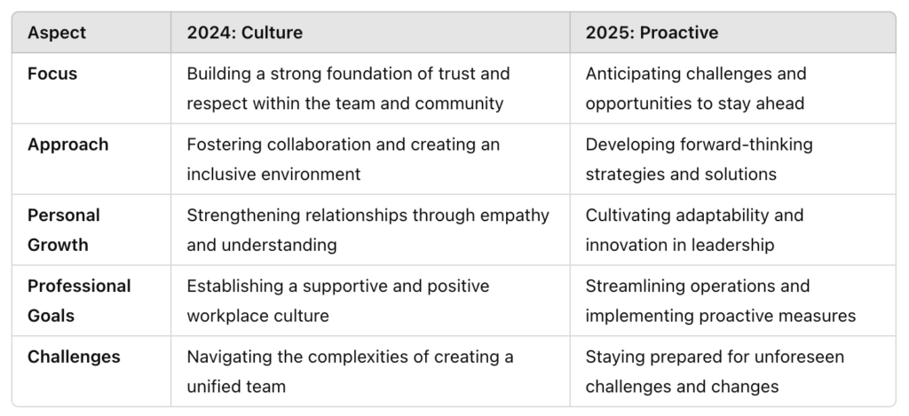 Comparison table for 2024 and 2025 at Vitalia Mentor, outlining the focus, approach, personal growth, professional goals, and challenges related to culture and proactivity.